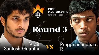 Round 3  Vidit Gujrathi  Praggnanandhaa R  FIDE Candidates 2024 [upl. by Iot]