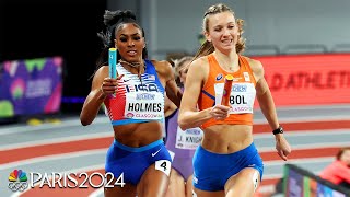 Femke Bol vs Alexis Holmes anchor leg duel decides tight 4x400 final at Indoor Worlds  NBC Sports [upl. by Ahsinel]