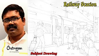 Railway Station Drawing  How To Draw Railway Station Drawing  Railway Station Drawing Step By Step [upl. by Jules]