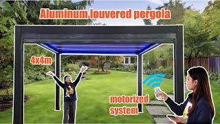 4x4m Motorized aluminum louvered pergola with roller blinds  Pergola installation video [upl. by Hedley]