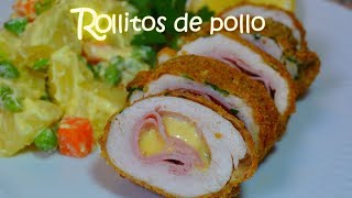 Rollitos de pollo rellenos con jamón y queso FÁCIL cordon bleu [upl. by Ynnor964]