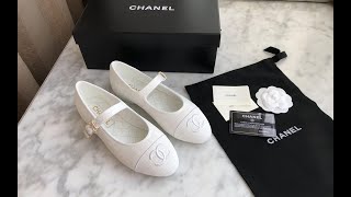 Chanel White Cotton Silk CC Ballet Flats Shoes Review [upl. by Schreibman]