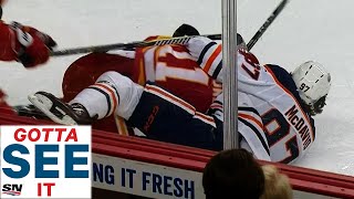 GOTTA SEE IT Connor McDavid Gets Physical To Incite Battle of Alberta Line Brawl [upl. by Kela868]