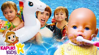 Baby Annabell amp baby dolls at the swimming pool Kids playing toys amp family fun video for kids [upl. by Kotz]