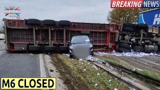 M6 crash Overturned lorry hits central reservation closing major route [upl. by Yoreel]