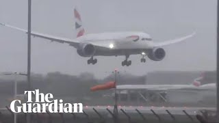 Plane struggles to land at Heathrow as Storm Erik hits UK and Ireland [upl. by Alyakem995]