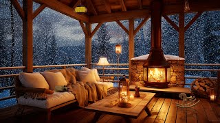 Winter Cozy Porch Ambience ❄ Snowy Day with Relaxing Piano Music Snowfall and Fireplace Sounds [upl. by Enileoj]