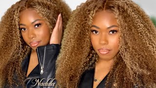 KINKY CURLY HONEY BLONDE HIGHLIGHT WIG SWISS BROWN LACE  13X4 GLUELESS WIG INSTALL  NADULA HAIR [upl. by Trainor239]