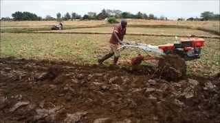 Power tiller operation by plough and ratavator at irrigation farm [upl. by Atilrahc]