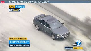 FULL CHASE CHP in pursuit of vehicle near North Hollywood [upl. by Ahsaekal]