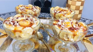 تحلية الموز 🍌 والكراميل في الكوؤس بكريمة اقتصادية وتخرج كمية مليحة Délicieux dessert à la banane [upl. by Pournaras376]