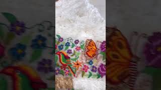 Petit point hand embroidered border showcasing vibrant flowers bird and butterflies [upl. by Aisatsan750]