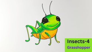 Grasshopper drawing tutorial for kids How to draw Grasshopper Easy Insects drawing  Insects4 [upl. by Delija]