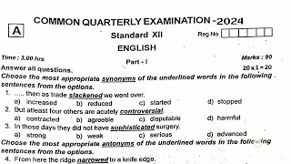 12th English quarterly exam question paper 2024 [upl. by Tiloine]