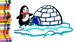 Drawing An IGLOOand PENGUIN Winter Drawing For Kids amp Toddlers Learn Art With Colours Magic [upl. by Linet]