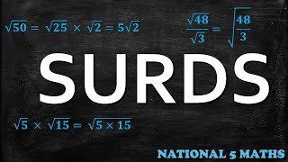 SURDS  SIMPLIFYING MULTIPLYING DIVIDING ADDING  NATIONAL 5 MATHS [upl. by Ecinad]