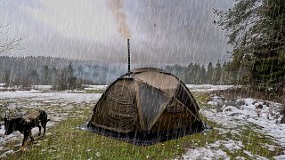 Rain Camping in Snowy Forest  Winter Camping with Warm Tent [upl. by Nnyltiak]