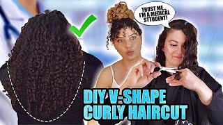 HAIRSTYLIST TEACHES MED STUDENT HOW TO CUT A VSHAPE HAIRCUT ON CURLY HAIR long layers [upl. by Neleb]