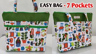 EASY TOTE BAG  7 POCKETS  Beautiful Tote bag with zipper pockets  how to make clothes bag at home [upl. by Bethesda319]