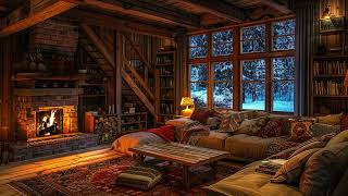 Warm winter wooden cabin on a snowstorm night  Soothing fireplace sounds  Snow in the forest [upl. by Gnilhsa]