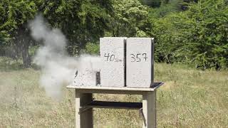 9mm 124gr vs 40 sampw 180gr vs 357 Magnum 158gr 🔥 vs Concrete Block [upl. by Carlin]