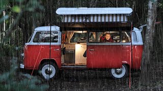 SOLO Camping in Rain  Iconic 1975 VW Van Life Cosy Relax and Sleep ASMR [upl. by Melessa453]