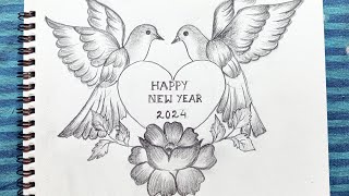 Happy new year 2024 drawing  how to draw new year greeting card with pencil sketch [upl. by Notneiuq]