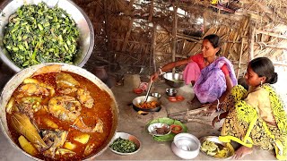 rohu fish curry with vegetables amp water spinach fry cooking by our santali tribe womenrural India [upl. by Adeuga]