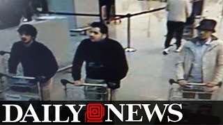 Three suspects for Brussels attacks seen in airport surveillance footage [upl. by Annuhsal]