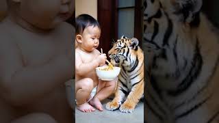 Baby feeds little tiger noodles [upl. by Bergen]