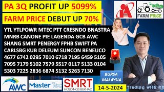 Daily KLSE BURSA UPDATE  1452024💥PA 3Q PROFIT UP 5099💥FARM PRICE DEBUT UP 70💥YTL YTLPOWR MTEC [upl. by Rand]