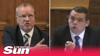 Pete Wishart cant keep control as Douglas Ross asks Angus Robertson about using misleading stats [upl. by Onitnelav]