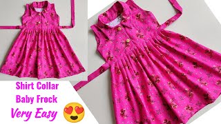 Shirt Collar Baby Frock Cutting and stitching  Very Easy Shirt Collar Baby Frock Cutting stitching [upl. by Alikat78]