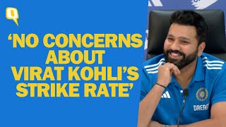 T20 World Cup 2024 Rohit Sharma Laughs When Asked About Virat Kohli’s Strike Rate  The Quint [upl. by Ewald227]