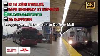 TTC amp Brampton Transit POV Walk Shoppers World Brampton to Dufferin Mall Via Kipling Station [upl. by Ynattib]