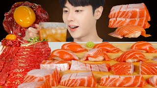 MUKBANG🧲 Korean Beef Tartare Beef Sashimi amp Thick Salmon Sushi Salmon Sashimi [upl. by Burkhart]