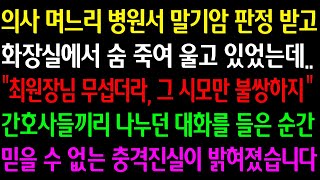 실화사연 의사 며느리 병원서 말기암 판정 받고 화장실에서 숨 죽여 울고 있었는데 quot최원장 무섭더라 그 시모만 불쌍하지quot 간호사들 대화에 믿을 수 없는 충격진실이 밝혀졌습니다 [upl. by Amaral]