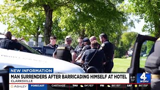 Suspect surrenders after barricading himself shooting through door of Clarksville hotel room [upl. by Ahsinod161]