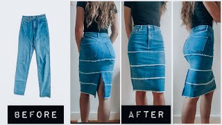 DIY  How to turn old JEANS into a DENIM MIDI SKIRT [upl. by Nosreffej]