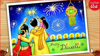 How to Draw happy Diwali Drawing  Indian festival Deepawali poster making  Diwali painting [upl. by Ycrep]