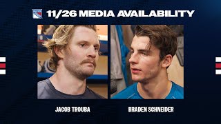 NYR Practice Jacob Trouba and Braden Schneider Media Availability  Nov 26 2024 [upl. by Aisilef]