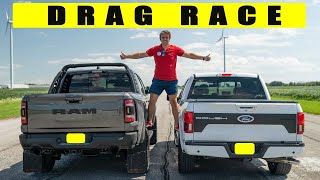 2021 Ram 1500 TRX vs Ford F 150 Roush one disappears Drag and Roll Race [upl. by Beauchamp]