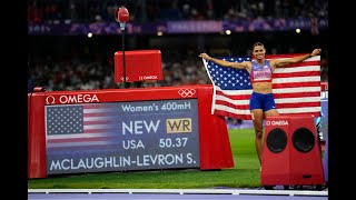 Sydney McLaughlinLevrone breaks own world record wins Olympic gold in 400M hurdles  Via AP [upl. by Notlek]