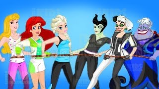 Disney Princess Elsa Ariel and Aurora Vs Maleficent Cruella and Ursula Tug Of War Dress Up Game [upl. by Aehsal]