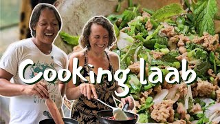 My Thai husband teaches me how to cook LAAB spicy salad from Thailand  Cooking with Mon [upl. by Sivaj632]