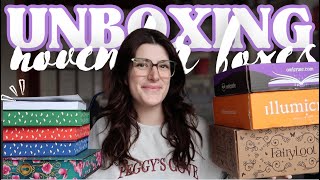 NOV BOOK SUBSCRIPTION BOOK UNBOXING 💕 📖  Hello Lovely Fairyloot Illumicrate Owlcrate amp more [upl. by Susanetta]