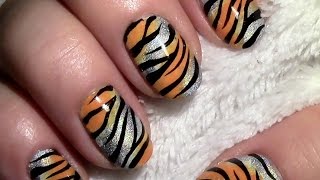 Holo Tiger Nails Animal Print Nail Art Design tutorial with nail polish  long amp short nails [upl. by Aicertap]