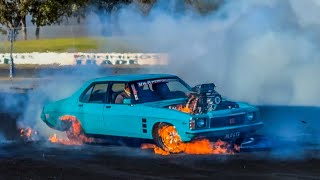 SKIDS 4 KIDS MP MEDA captures fire from Holden Monaro gts Hq Hk and commodore wagon burnouts [upl. by Ynwat]