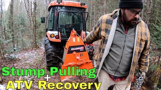 Pulling Out Stumps with a Skidding Winch   ATV Recovery Mission [upl. by Anelrahc]