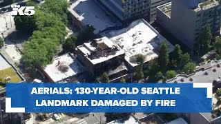 AERIALS 130yearold Seattle landmark severely damaged by fire in Belltown neighborhood [upl. by Haraf]